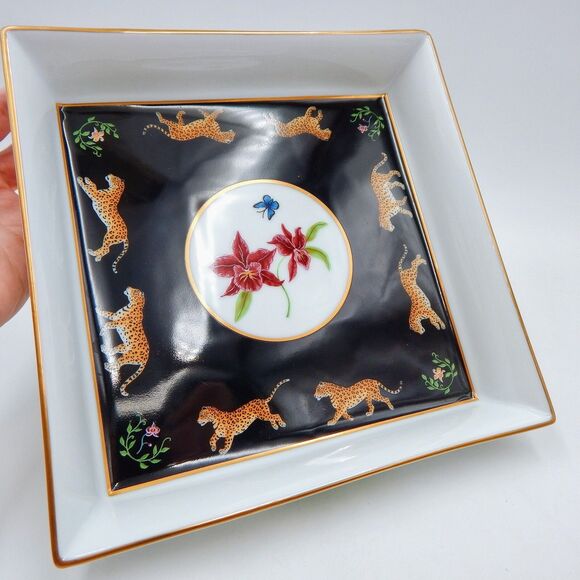 Lynn Chase JAGUAR JUNGLE Square Serving Bowl 9 Inch 24K Gold 1988 Japan Orchid - Picture 6 of 13